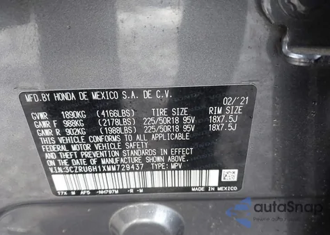 2021 Honda Hr-V Awd Sport из США, поврежденный, VIN 3CZRU6H1XMM729437